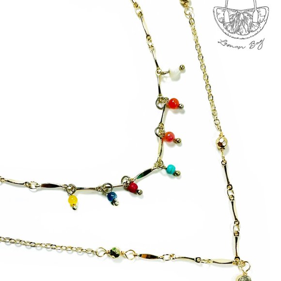 Double Multicolor Beaded Gold Color Necklace - Picture 3 of 3